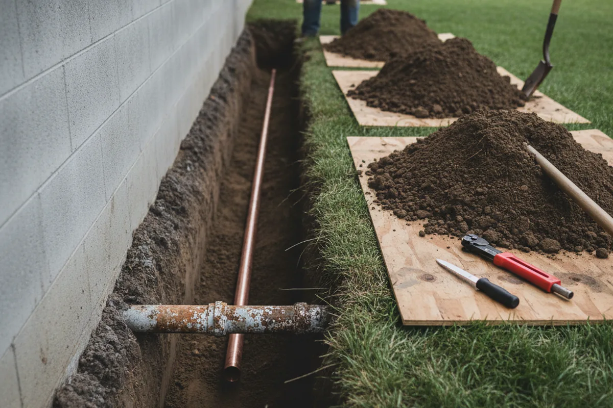 Excavated water line trench during Water Softener Installation in Glen Head